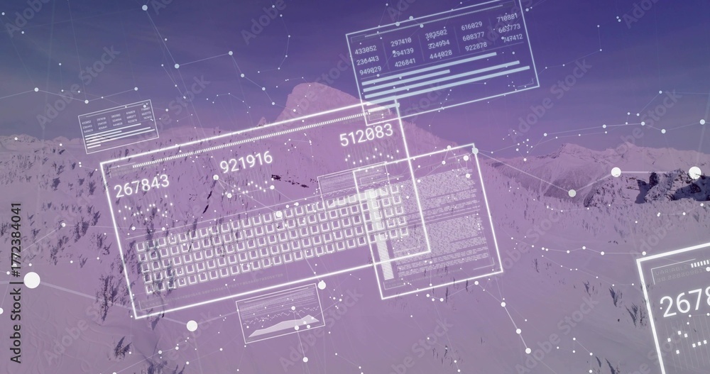 Fototapeta premium Projecting holographic interface showing keyboard, numeric panels, grid above snowy violet peaks