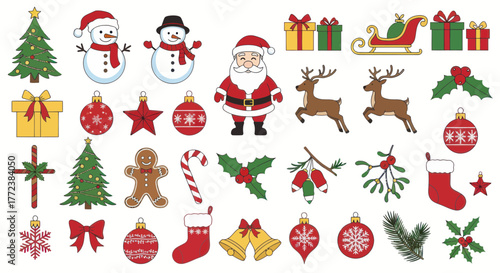 Christmas themed clip art featuring Santa, reindeer, ornaments, gifts, and other holiday symbols.