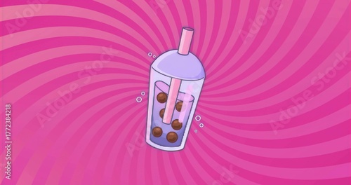 Floating bubble tea cup with domed straw lid showing pearls and bubbles against pink swirl backdrop