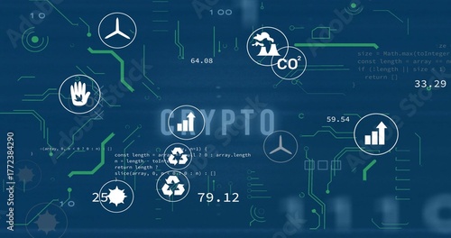 Displaying environmental crypto metrics in dashboard UI, with wind turbine and CO? factory icons