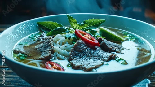 A close-up shot of a flavorful broth with noodles, meat, and fresh herbs, garnished