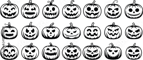 Halloween pumpkin faces collection with spooky jack o lantern expressions, scary carved pumpkins for horror party decoration and autumn celebration design