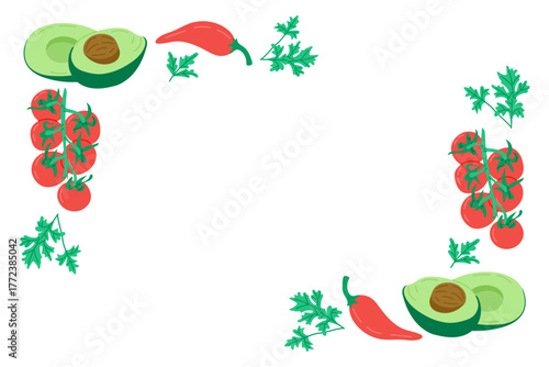 Colorful hand drawn frame with avocado, chili pepper, tomato and parsley, vector illustration. Represents mexican cuisine, freshness and healthy food concept