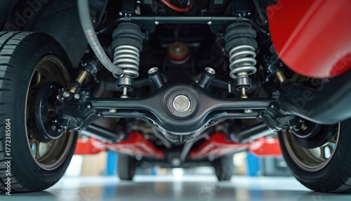 Close up modern car suspension system. Undercarriage parts, wheels, shock absorbers, differential visible. Vehicle maintenance repair underway in clean garage workshop. Auto mechanic tech inspects
