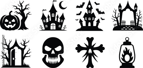 Halloween spooky icons with haunted castle, pumpkin, skull, ghost doorway, graveyard gate, bats, creepy lantern and scary decorations vector set