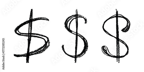 Set of hand drawn dollar currency symbol. Brush stroke doodle. Single element for design