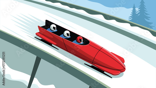 A red bobsled with three people racing down a snowy track in a winter landscape illustration style