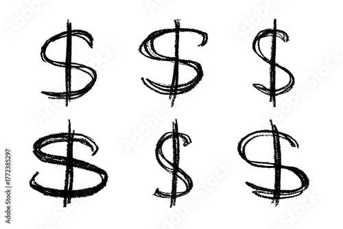 Set of hand drawn dollar currency symbol. Brush stroke doodle. Single element for design