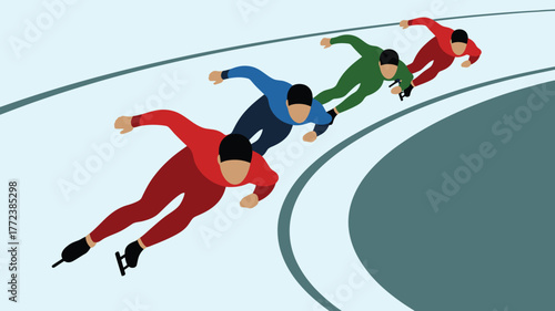 Illustration of four speed skaters racing on an oval track in colorful athletic suits and black skates