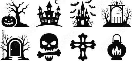 Haunted Halloween icons with spooky castle, pumpkin, bats, skull, creepy trees, graveyard entrance, horror lantern, scary decorations vector set