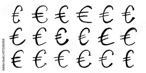 Set of hand drawn euro currency symbol. Brush stroke doodle. Single element for design