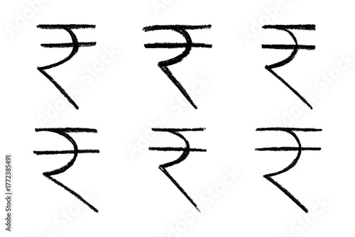 Set of hand drawn rupee currency symbol. Brush stroke doodle. Single element for design