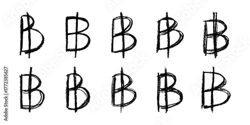 Set of hand drawn thai baht currency symbol. Brush stroke doodle. Single element for design