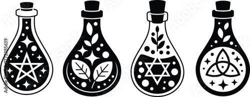 Magic potion bottle set with witchcraft symbols, botanical elements, mystical elixirs, alchemy design for Halloween fantasy spell casting artwork