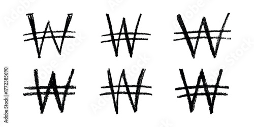 Set of hand drawn won currency symbol. Brush stroke doodle. Single element for design