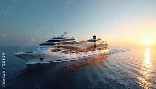 Huge cruise ship sails on sea at golden sunset. Luxury liner travels. White ferry boat with many decks floats. Summer vacation during cruise in ocean. Maritime travel.