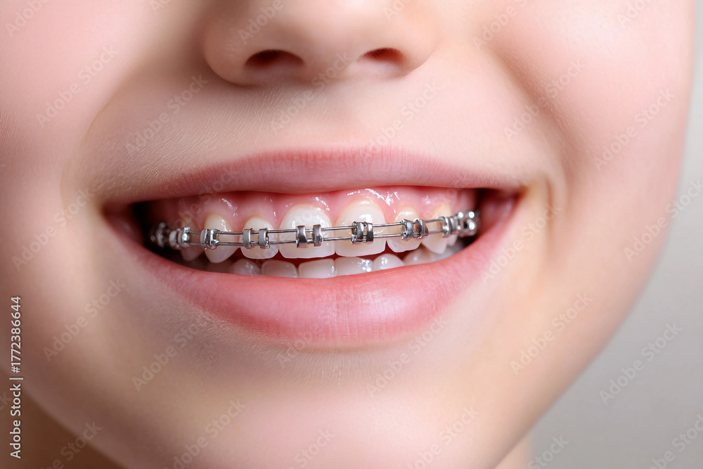Obraz premium Close-up of a smiling kids mouth with braces, showing dental care, orthodontic brackets and healthy teeth, generative ai