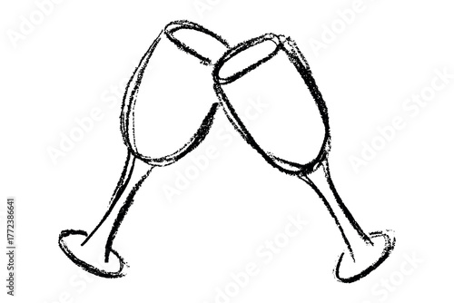 Hand drawn champagne glasses clinking together Alcohol drink clipart in doodle style Single element for print, web, design, decor Happy New Year 2026
