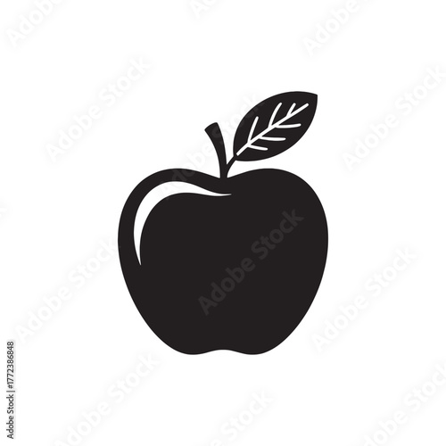 Black silhouette of an apple with a leaf and stem on a white background fruit