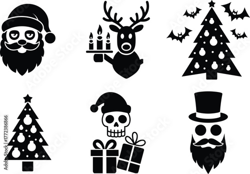 Spooky Christmas icons with Santa, skull, reindeer, bats, haunted holiday tree, gifts, creepy festive decorations, weird winter celebration graphics set