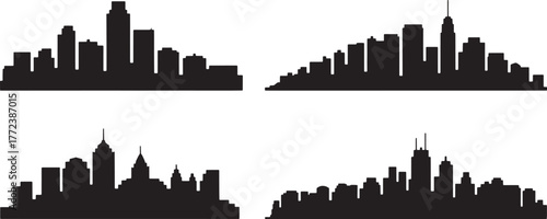 Four black city skylines on white background cityscape silhouette