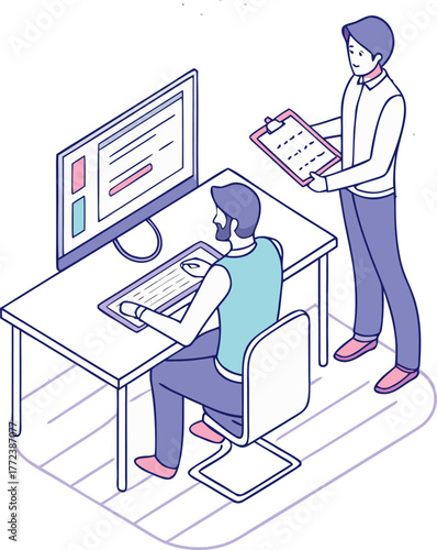 Software engineers collaborating on coding project in office environment, running tests and developing apps, isometric isolated vector.