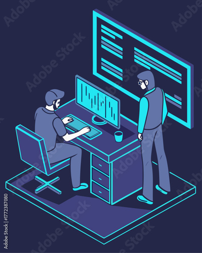 Developers team coding and testing program applications, software engineering collaboration in office, isometric isolated cartoon vector.