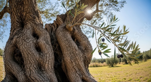 Majestic ancient olive tree with sunlight and olives in rural field