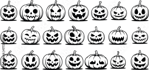 Halloween pumpkin faces collection with spooky carved jack o lantern expressions, scary silhouettes, creepy autumn decoration icons for holiday design