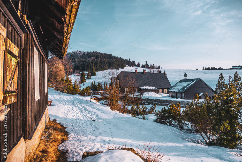 Obraz premium Morning sunlight bathes Jizerka village in winter's beauty. Snow covers the ground, highlighting charming cottages and surrounding trees. A serene atmosphere invites visitors to enjoy the scene.