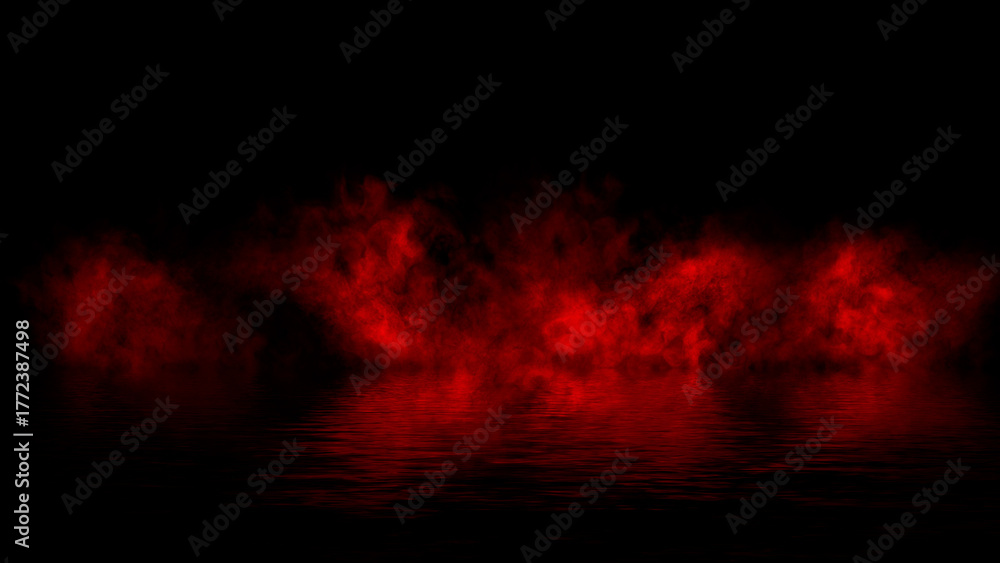 Fototapeta premium Red abstract smoke steam moves on black background texture . The concept of aromatherapy. Reflection on water. Stock illustration.