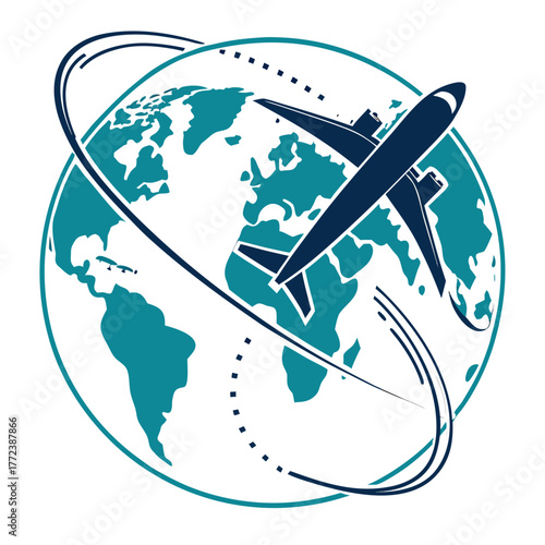 Airplane flying around the world, travel concept, globe background