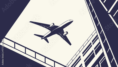 Airplane flying over building in a low angle shot, illustration style