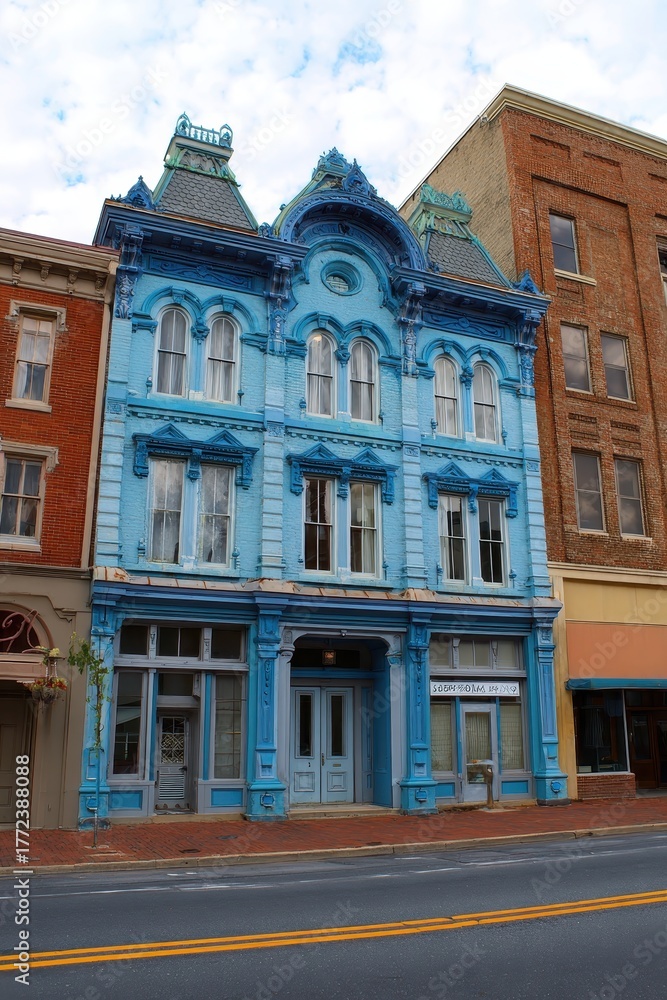 Obraz premium Charming Historic Architecture in Colorful Downtown Staunton, Virginia: A Beautiful Blend of Blue and Vibrant Buildings