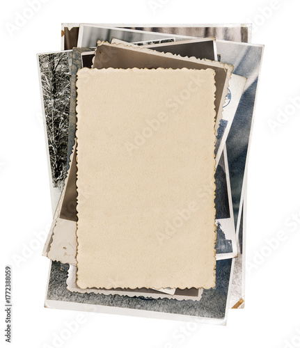 Stack old photos with blank copy space, isolated on a white background. Abstract textured backdrop, postcard mockup.