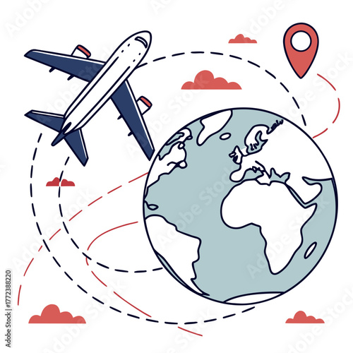 Airplane circling globe, travel and tourism concept illustration