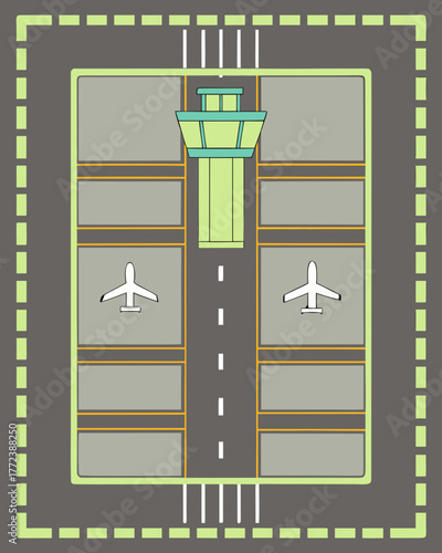 Top-down view of an airport with control tower and airplanes