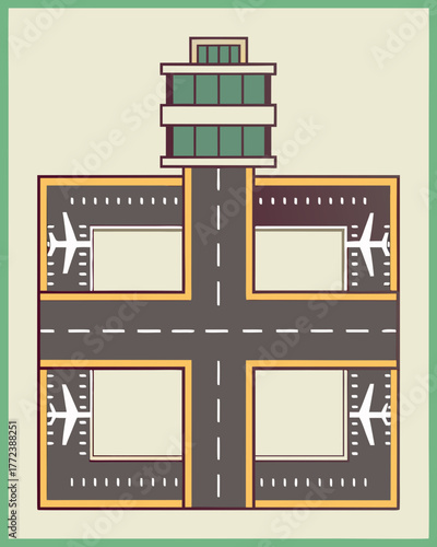 Airport graphic illustration with runways, control tower, and airplanes