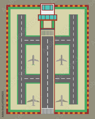 Airport top view illustration with planes, runway and control tower