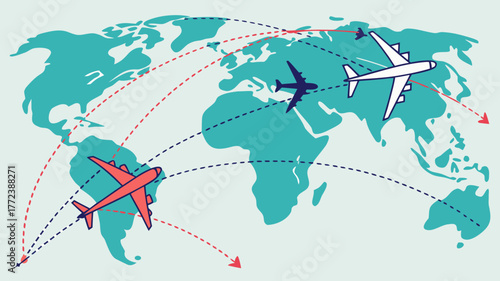 Global aviation travel routes with multiple airplanes flying around world map