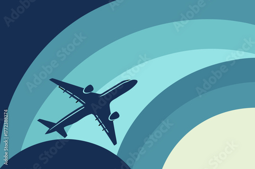 Airplane silhouette flying through a colorful abstract sky.