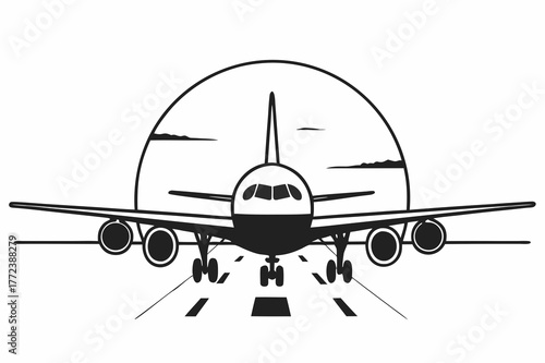 Airplane on the runway taking off into the sun 