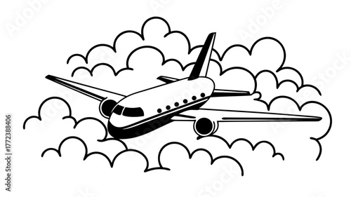 Airplane flying through the clouds, monochrome illustration