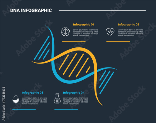 DNA science helix infographic process diagram with tilt or skew strand with description up and down with dark background bright outline style 4 points