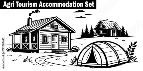 Agri Tourism Accommodation Set Line Art. Farm Stay Lodging Countryside Vacation. Black White Rural Holiday Village, Travel Design Agricultural Hut, Comfortable Living Vector.