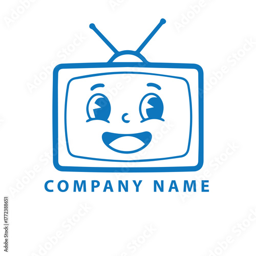 Blue line art logo of a smiling, anthropomorphic retro TV character with antennae, suitable for media.