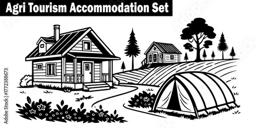 Agri Tourism Accommodation Set. Black White Drawing Farm, Stay Countryside Vacation Rural Holiday, Village Travel Design, Agricultural Comfortable Living Vector Illustration.
