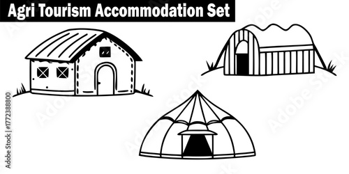 Sketchy Farmhouse and Greenhouse Icons. Depicting Agricultural Homesteads and Rural Farm Stays with Simple Lines and Transparent Backdrop Elements.
