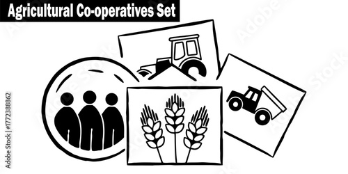 Agricultural Co-operatives Icon Set. Illustrating Collaboration Farming and Tractor Imagery in Farm Association Group and Equipment Graphics.