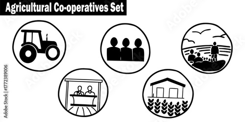 Agricultural Co-operatives Set Vector. Vector pictograms in a Farm Tractor and Farm Workers Growing Agriculture Industry Farmer Teamwork Farming Collective Meeting and Fields.